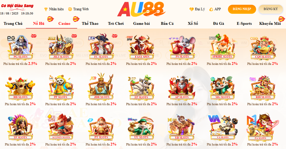 AU88 – LINK TRANG CHỦ AU.COM UY TÍN XANH CHÍN NHẤT 2026 23 Sảnh nổ hũ Au88 với phí hoàn trả cực cao và khả năng trúng Jackpot X100 tài khoản